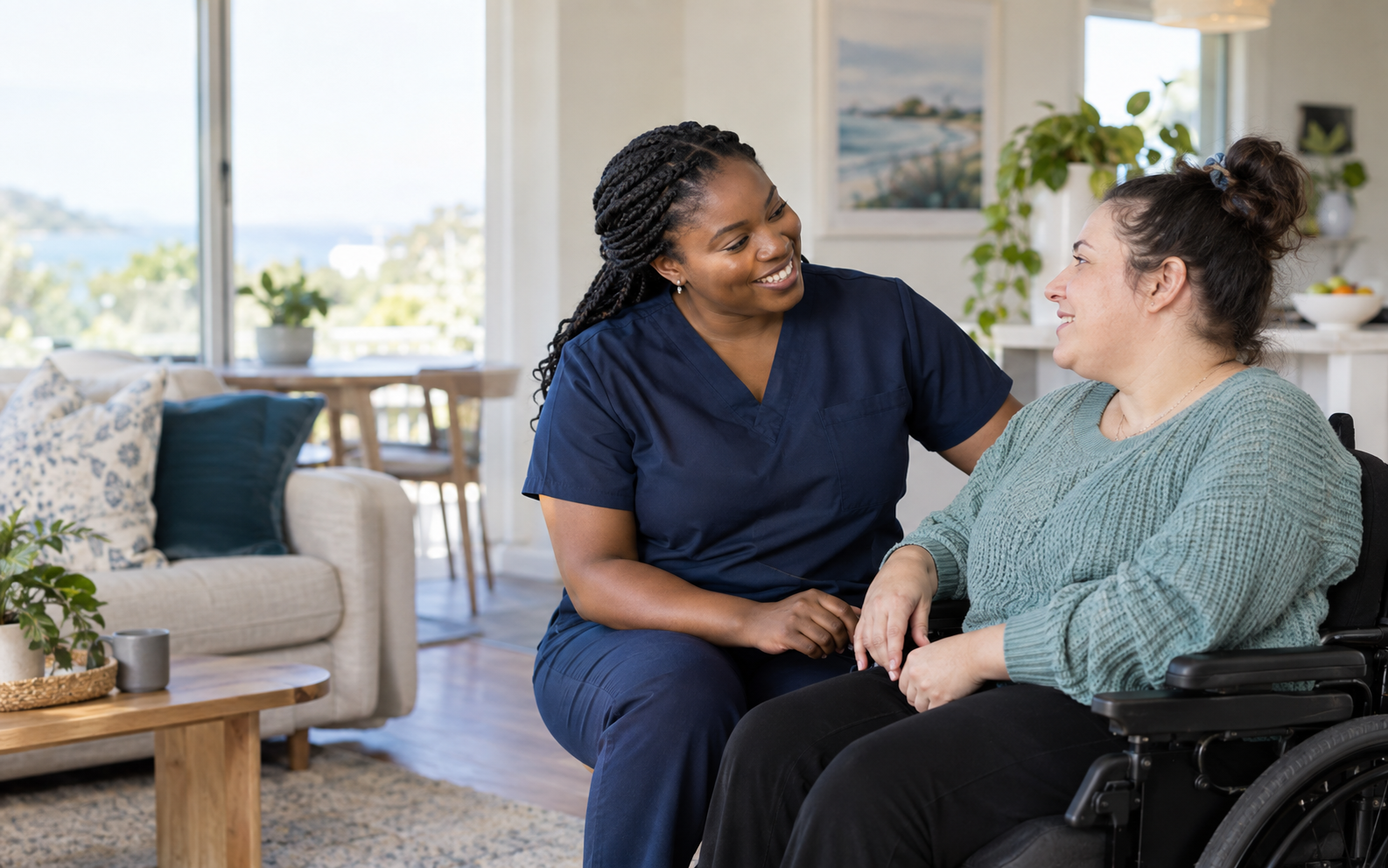 A nurse sharing a warm conversation with an adult participant
